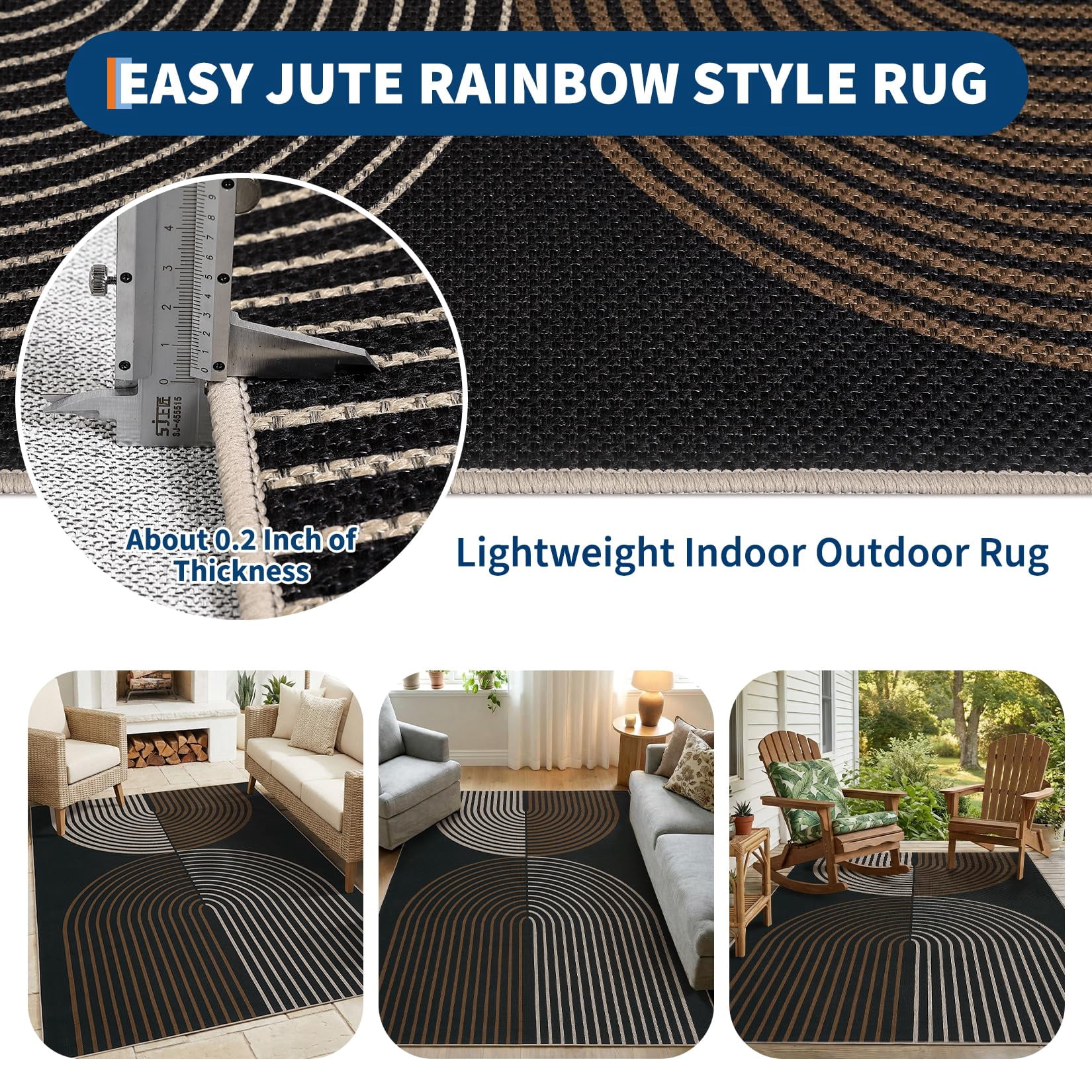 HIWEAVER Black 5' x 7' Easy Jute Area Rug for Living Room Non Slip Stain Resistant Arch Striped Indoor Carpet Non Shedding Modern Geometric Mat for Dining Room Outdoor Patio Rug