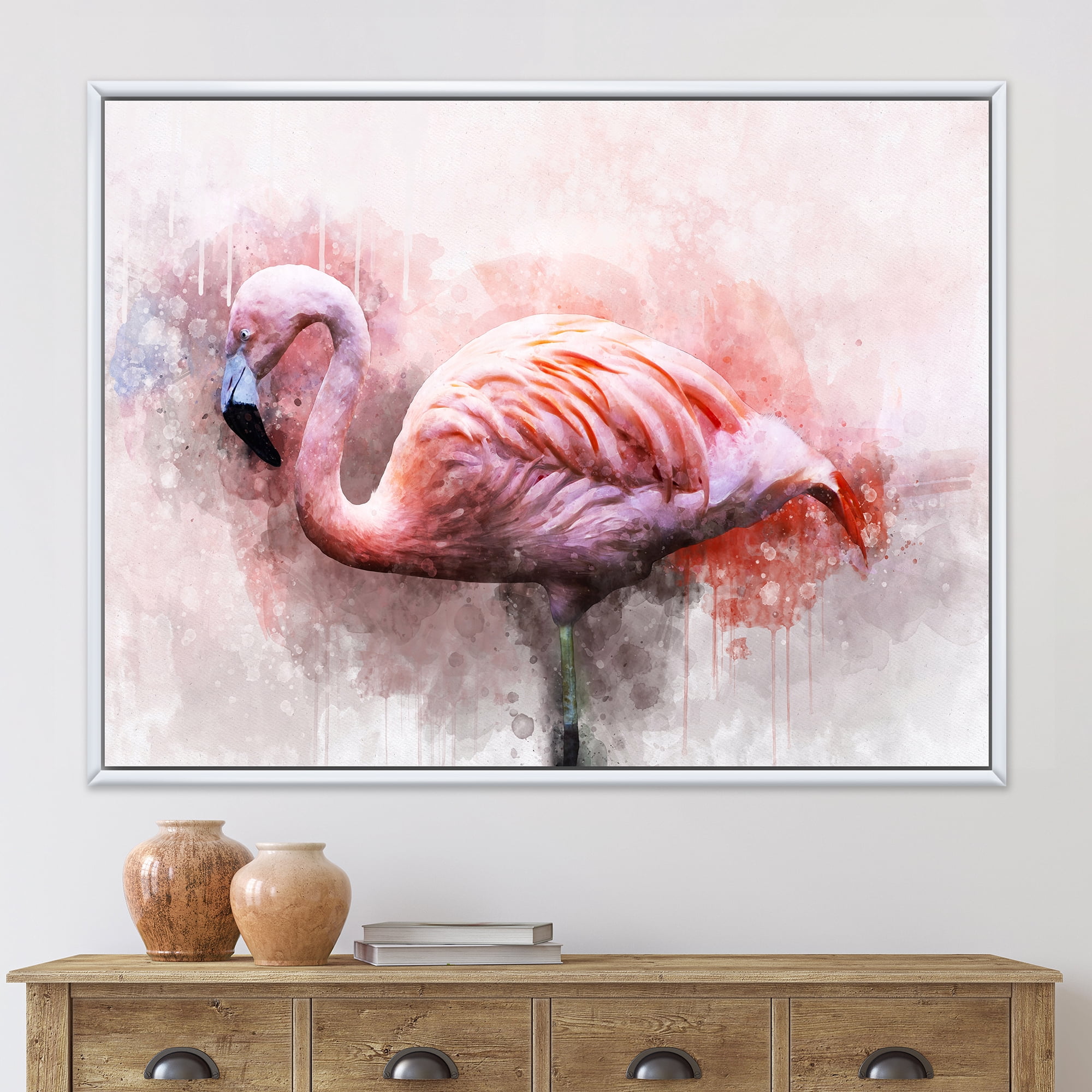 Designart 'Abstract Portrait of Pink Flamingo V' Farmhouse Framed Canvas Wall Art Print