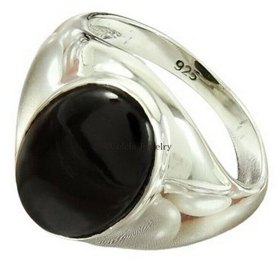 Natural Black Onyx Gemstone Oval Ring, Solid 925 Sterling Silver, Mens Signet Ring, Unique Birthday Gifts For Him Her, Promise Ring, Wedding Gifts For Couples, Bohemian Ring (Black Onyx, Size 7)