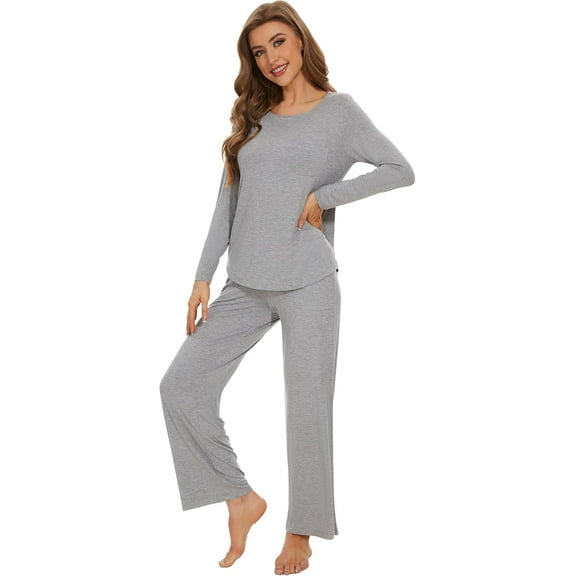 WiWi Women's Pajama Set Soft Long Sleeve Tee Pants Sleepwear Scoop Neck Nightwear with Pockets Pjs S-XXL, Heather Grey, Medium