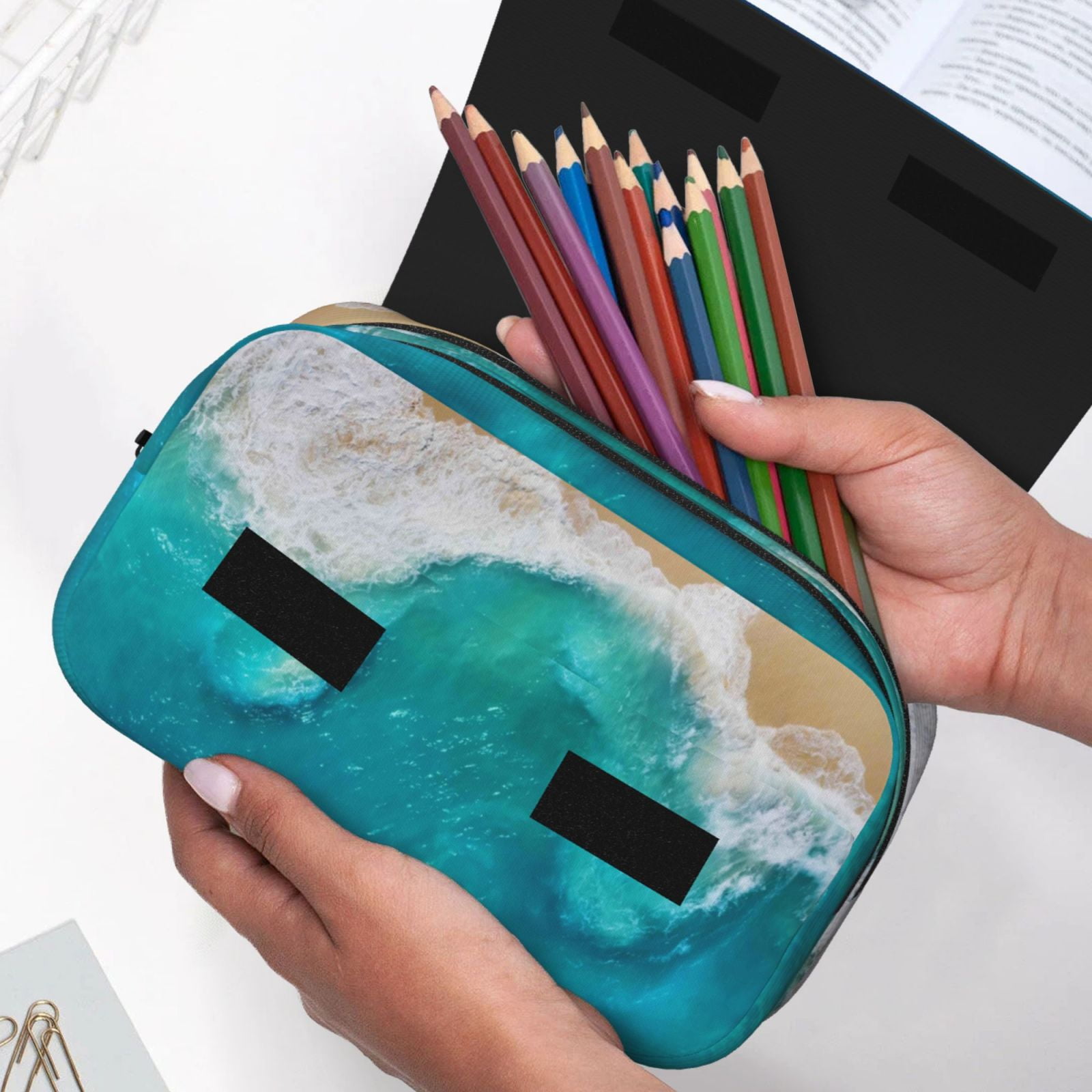 Rateoe Beach Pattern Double Clamshell Pen Case, Storage Organizer with Two Zipper Compartments– Holds Up to 50 Pencils & Pens