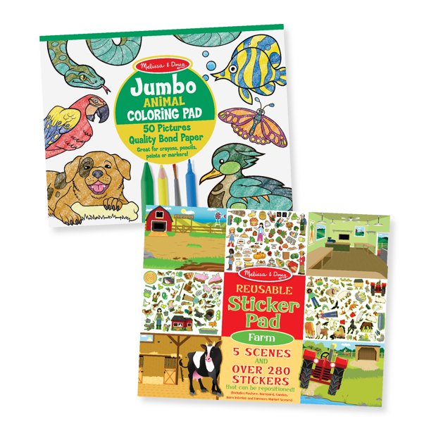 Melissa & Doug Jumbo Coloring & Reusable Sticker Pad 2 Pack – Animal ...