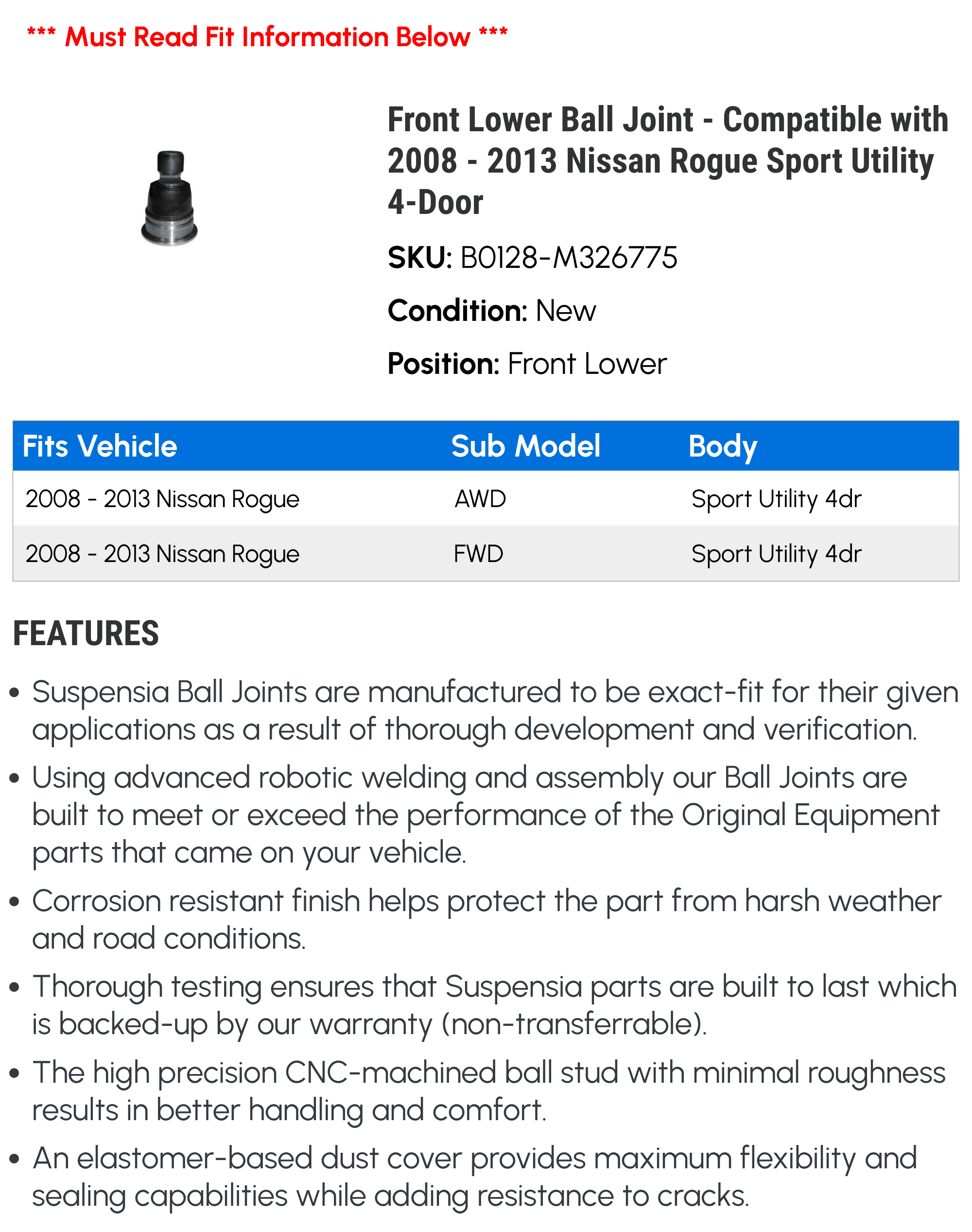 Front Lower Ball Joint - Compatible with 2008 - 2013 Nissan