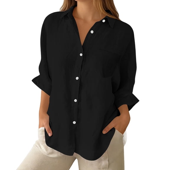 Womens Linen Shirt Long Sleeve Button Down with Pocket Casual Collared Business Lapel Black L