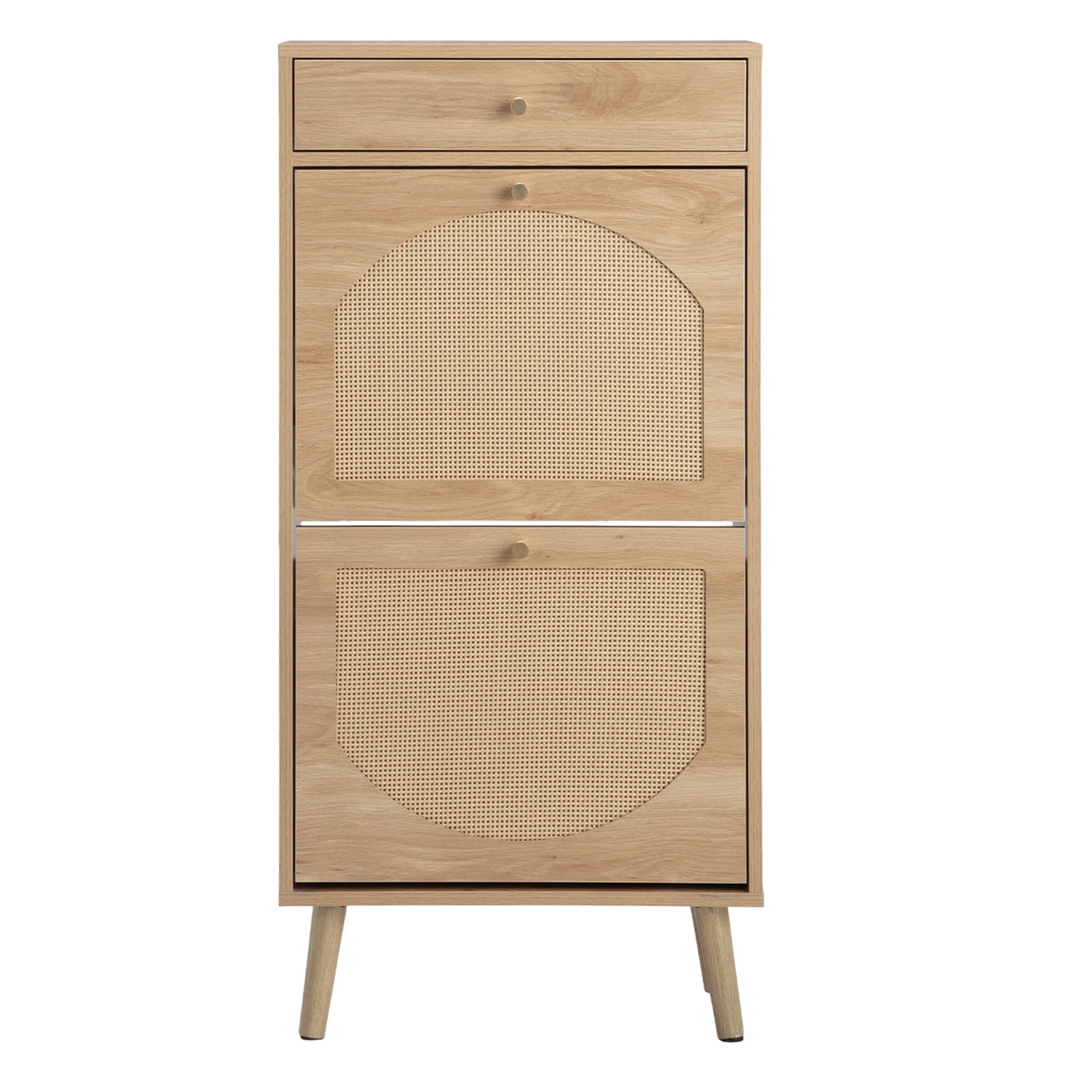 Shoe Cabinet with 1 Drawer & 2 Flip-Down Compartments, Natural Wood Finish Particle Board Shoe Storage Organizer, Space-Saving Entryway Cabinet for Hallway Apartment