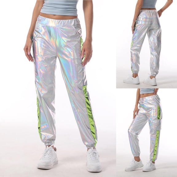 PNTUTB Women's Fashion Iridescent Party Performance Elastic Waist Cuffed Pants with Multiple Pockets