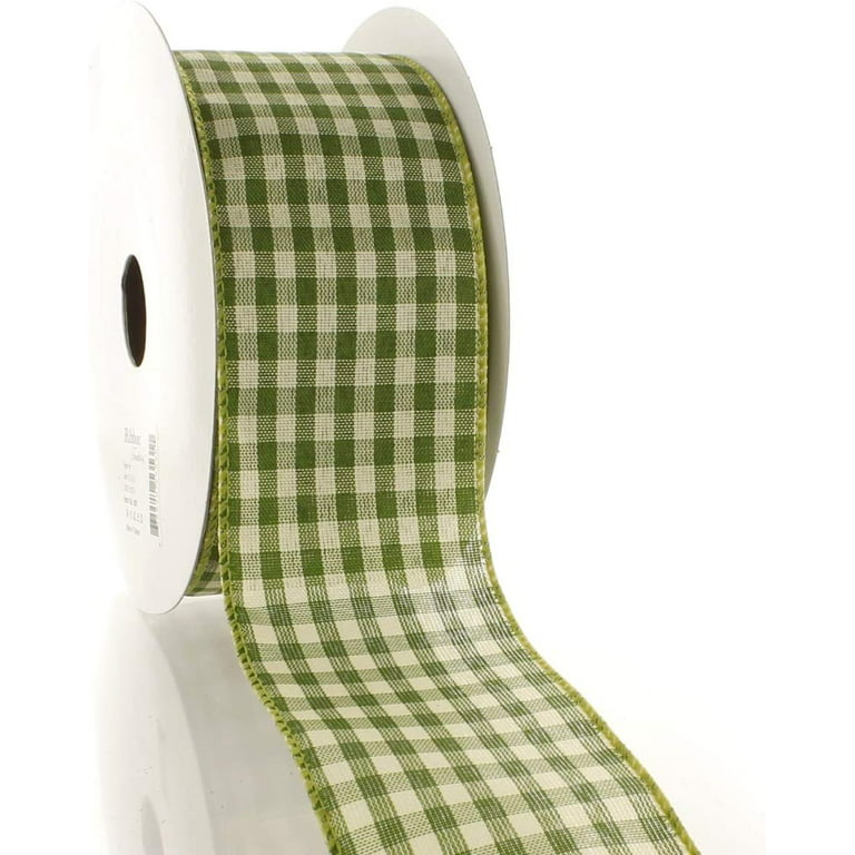 10 Yards - 2.5 Wired Olive Green and Cream Cross Check Ribbon