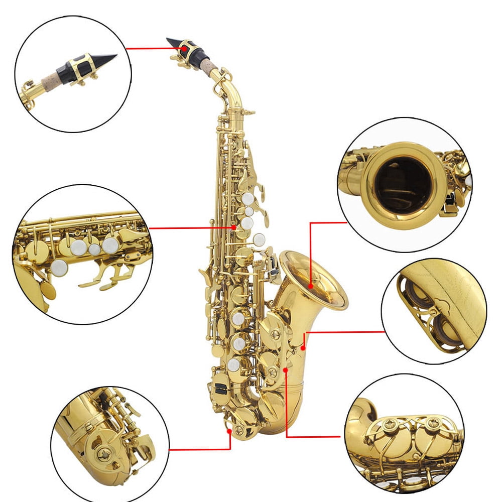 Golden Brass Bb Bend Soprano Saxophone with Carved Pattern, Pearl White Shell Buttons, Case, Gloves, Cleaning Cloth, and Belt - Althorn Wind Instrument