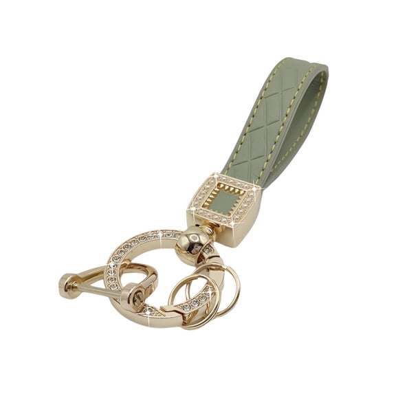 Leather Keychain - Sage Green Quilted Strap with Gold Rhinestone Clasp, Compact Size, Elegant Design for Bag Decor, Car Keys & Daily Accessory