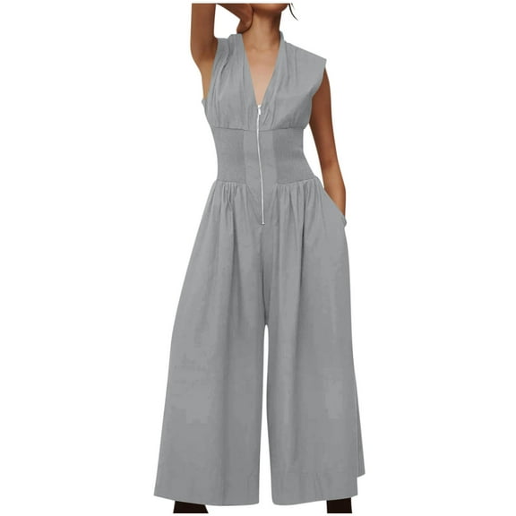 successthop Womens One Pieces Jumpsuit with Zipper Dressy V Neck Sleeveless Back Zip Wide Solid One Piece with Pockets L