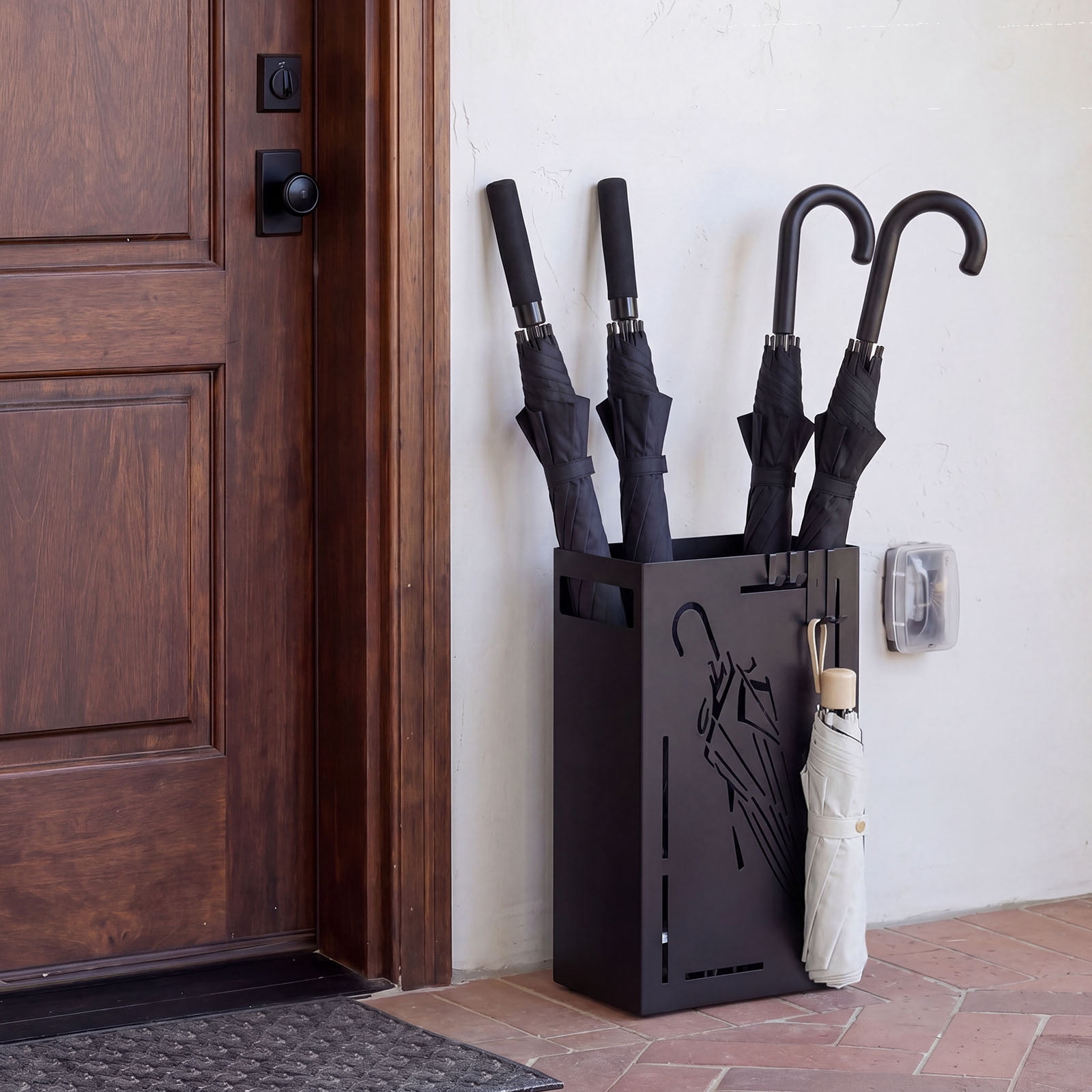 Costway Metal Umbrella Stand with Removable Drip Tray and 4 Hanging Hooks,Cutout Design