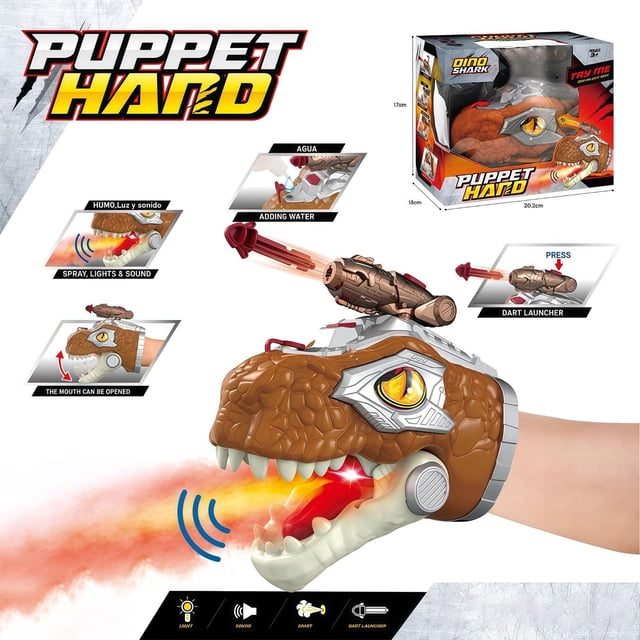Guante de dinosaurio con cabeza de tiburón, juguete para piscina, juguete para bebé, juguete para niños pequeños, juguete con sonido, luz, spray, marioneta de mano para batallas, juego de rol interact