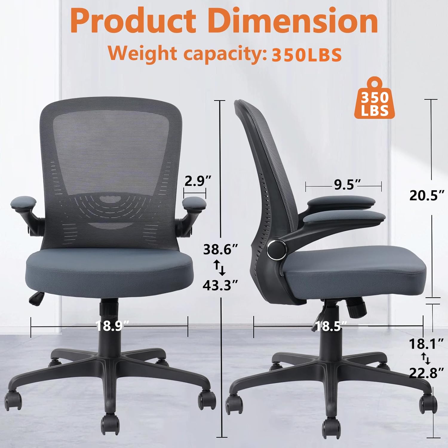 CLATINA Desk Chairs with Wheels, Ergonomic Rolling Mesh Office Chair Adjustable Height and Lumbar Support Home Office Computer Chair with Flip Up Armrests, Grey