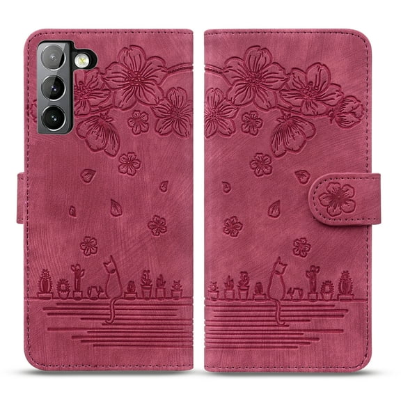 Flower Embossed Wallet Case for Samsung Galaxy S21, PU leather Flip Folio Wallet Cover with Magnetic Closure Built-in Kickstand and Card Slots Protective Case for Samsung Galaxy S21(6.2 inch),Red