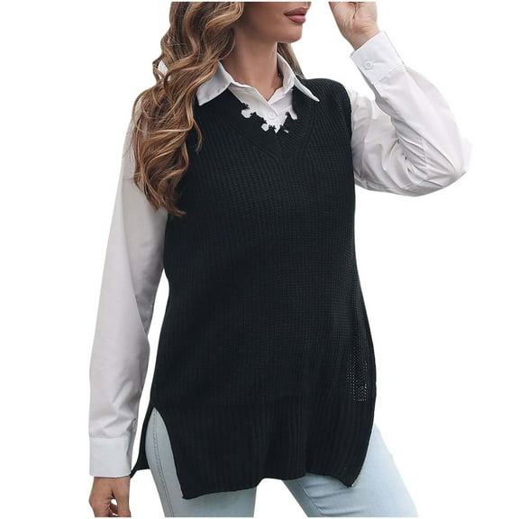 IROINNID Womens Sweater Sweater Vest V-Neck Pullover Sweater Solid Color Loose Mid-Length Sleeveless Autumn and Winter Side Split Vest Knitted Sweater Tattered Vest Outer Wear