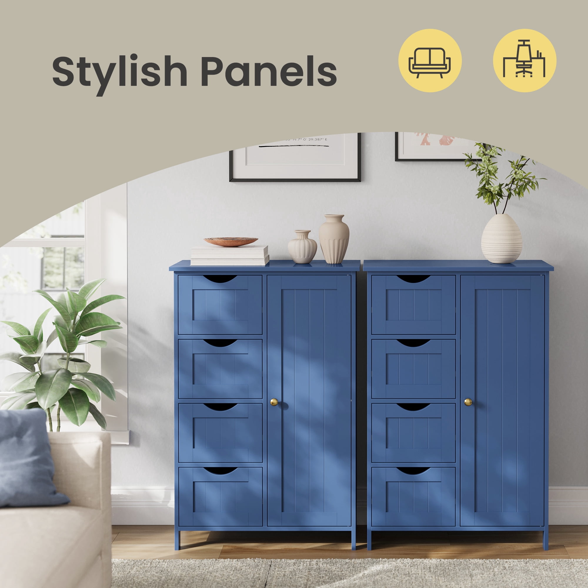 LEDREM Bathroom Floor Cabinet, Wooden Freestanding Side Storage Organizer with 4 Drawers and Adjustable Shelves for Bathroom,Blue