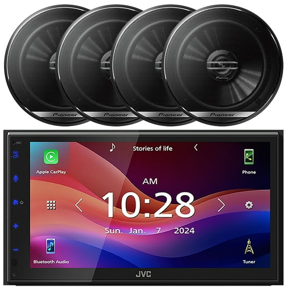 JVC KW-M690BW 6.8" Capacitive Monitor Single-DIN Bluetooth USB/MP3 Digital Media Shallow Chassis Multimedia Receiver, 4x Pioneer TS-G1620F 6.5" 300 Watts Max Power 2-Way Coaxial Car Audio Speakers