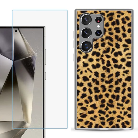 For Samsung Galaxy S25 Ultra 5G Phone Case Cover with Tempered Glass Screen Protector, by OneToughShield - Cheetah Gold/Black