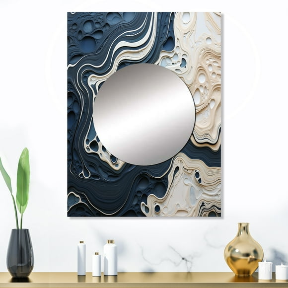 Designart "Abstract Beige And Azure Fluid Art" Coastal Mirror Wall Decor - Coastal Cream Coastal Mirror Wall Art For Bathroom - 32" x 24" Inch