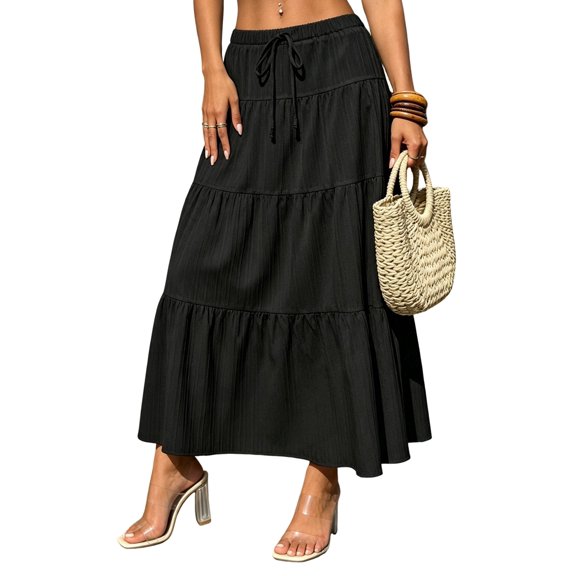 Women Solid High Waist Tiered Pleated A-Line Maxi Cake Skirt Black S