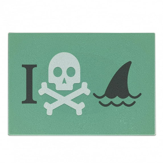 Shark Cutting Board, Shark Love Themed Creepy Dead Skull Head with Bones and Animal Fun Dangeraous Design, Decorative Tempered Glass Cutting and Serving Board, Small Size, Green White, by Ambesonne