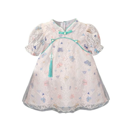 

ZRBYWB Summer Girls Dresses Short Sleeve Butterfly Print Casual Asian Style Lace Floral Print Dress Baby Girl Clothes