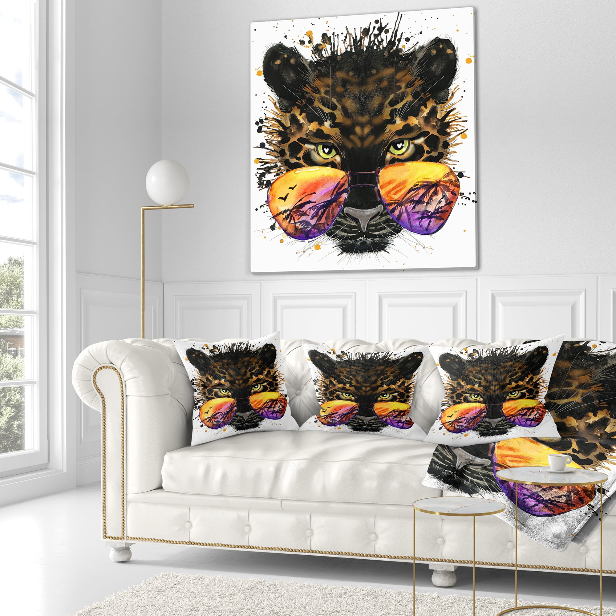 Designart Funny Jaguar with Sunglasses - Contemporary Animal Throw Pillow - 18x18