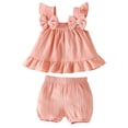 thumbnail image 2 of HOWPAY Baby Girl Outfits Summer Solid Color Sleeveless Crew Neck Tops and Wide Leg Shorts Outfit Causal Comfy 2 Piece Sweatsuits Set Pink, 2 of 6