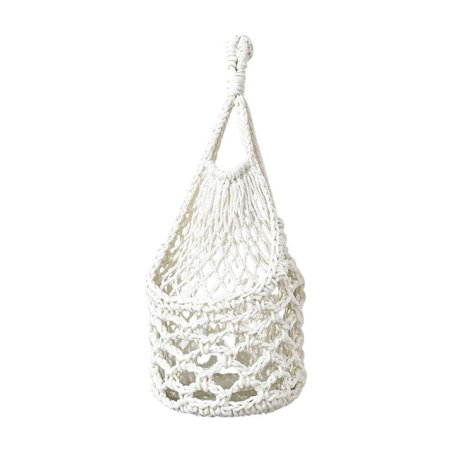 HWRETIE Handmade Cotton Rope Hanging Fruit Basket,Wall Mount Produce Storage Net,Boho Kitchen Organizer with Wood Ring