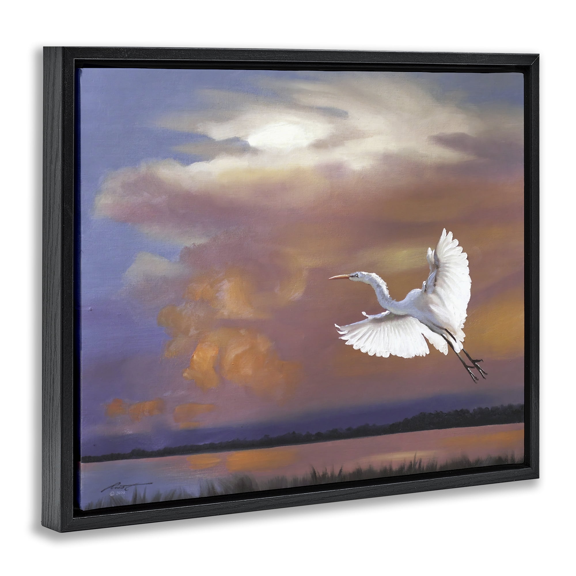Stupell Industries Heron Flying with Sunset Landscape Painting Black Floater Framed Canvas Art Print Wall Art, 21 x 17