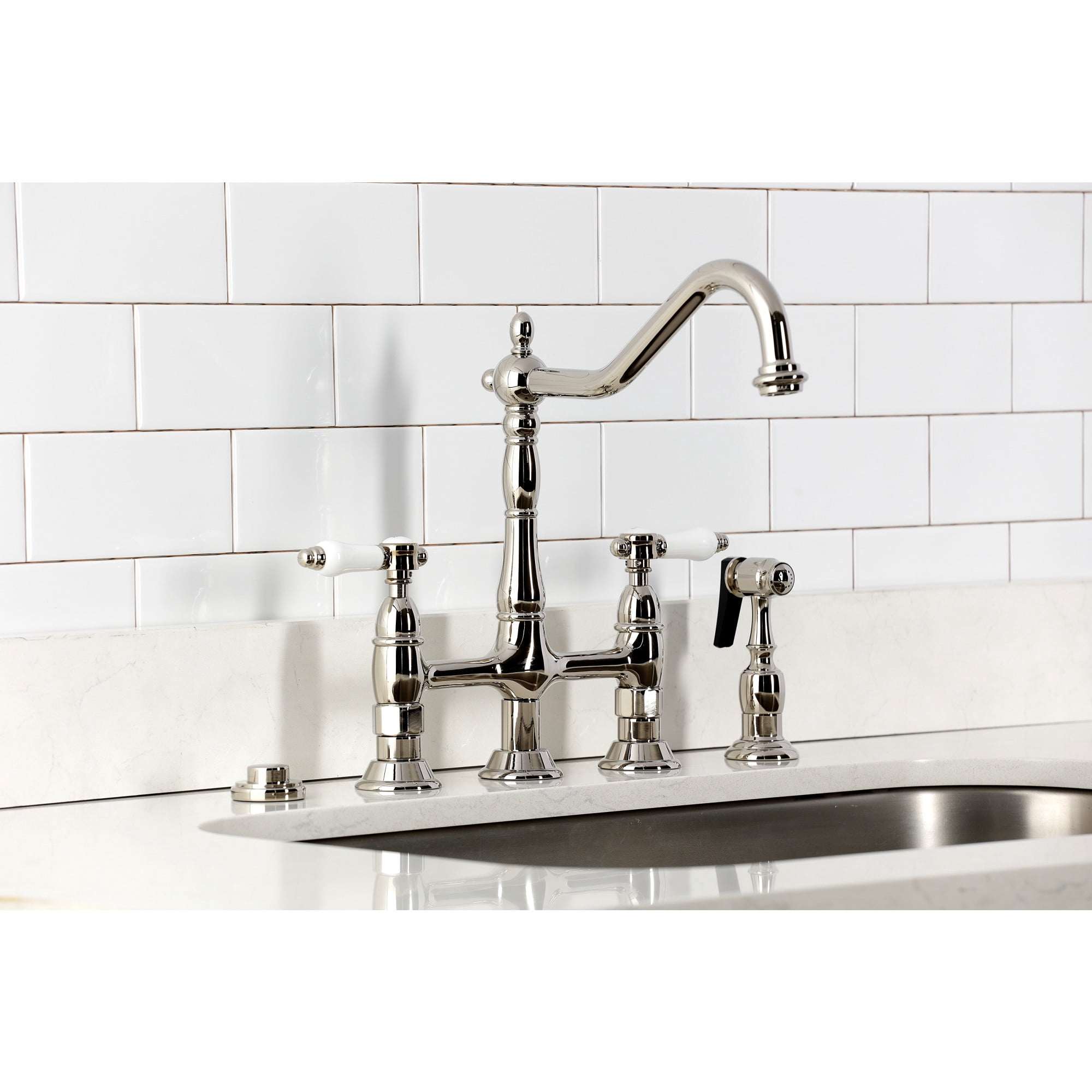 Kingston Brass KS1276BPLBS Bel-Air Bridge Kitchen Faucet with Brass Side Sprayer, Polished Nickel