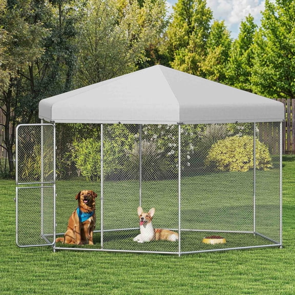 ModFusion 90" Outdoor Dog Kennel with Roof – Heavy-Duty Galvanized Steel Pet Playpen, Weatherproof Canopy, Secure Lock & Hexagonal Wire Fence for Large Dogs