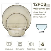 Vesteel Dinnerware Sets for 4, 12-Piece Stoneware Dish and Bowls Set, Handmade Reactive Glaze Coupe Plates Set for Family, Chip & Scratch Resistant - Khaki