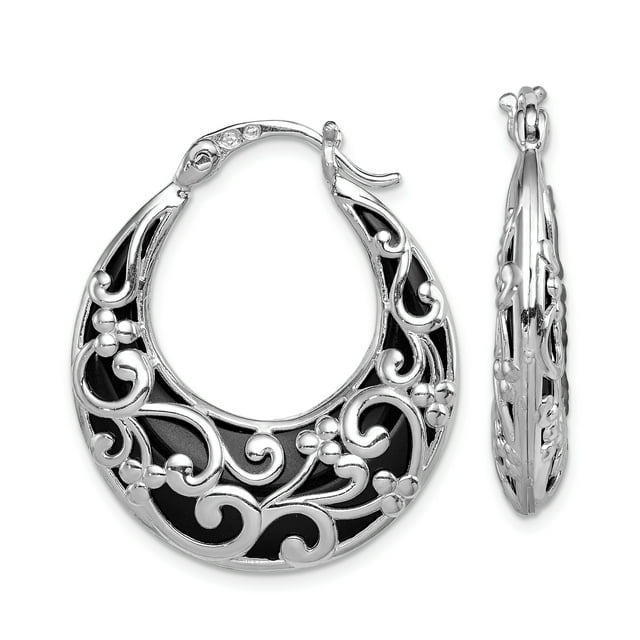 925 Sterling Silver Onyx Filigree Round Hoop Earrings