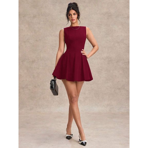 Burgundy Fit & Flare Sleeveless A-Line Mini Dress For Women