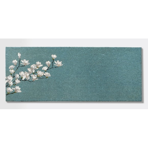 Fab Habitat Floral Non Slip Doormat - Durable Thin - Natural Coir & Rubber - Entryway Front Door Porch Patio - Magnolia Branch Teal (24"" x 60"" Non-Slip)