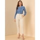 thumbnail image 3 of Camisa casual de contraste con cuello Peter Pan para mujer, blusa de trabajo con mangas abullonadas Gris azul XL, 3 of 6
