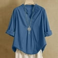 thumbnail image 3 of Fanxing Summer Linen Work Tops for Women Trendy 3/4 Sleeve Shirts Henley V Neck Tunic Blouses Navy,S, 3 of 9