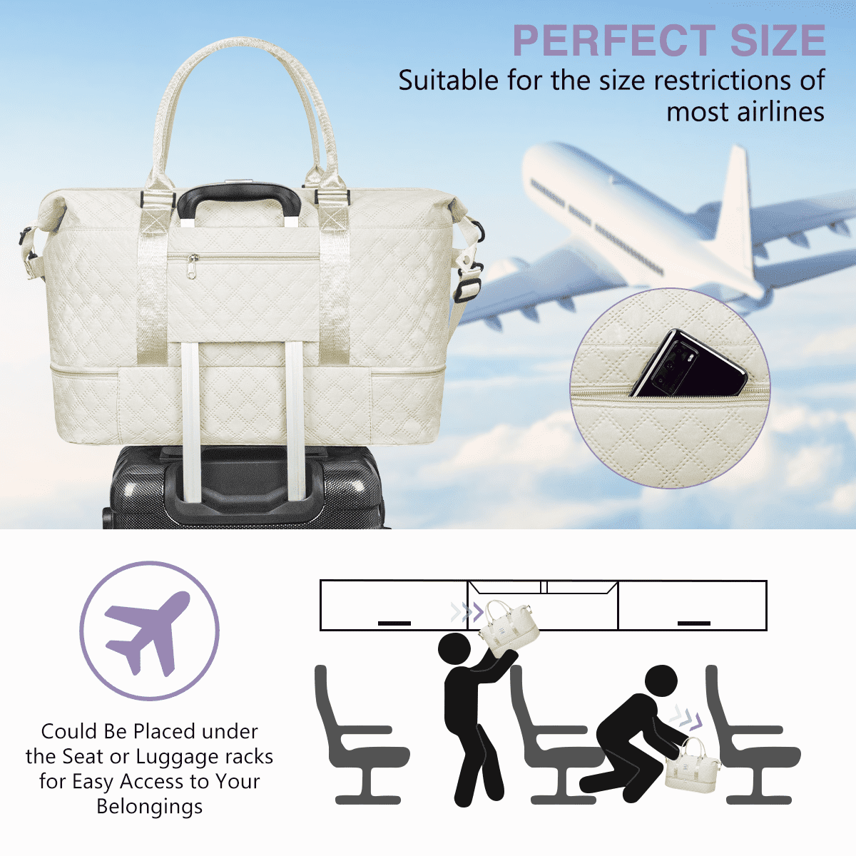 Weekender Bags for Women, Travel Duffel Bags with Shoe Compartment, Personal Item Travel Bag Weekender Overnight Bag Set Hospital Bags with Wet Pocket and Toiletry Bag for Labor and Delivery - White