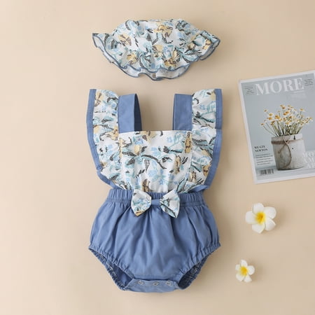 

Aayomet Girls Baby Floral Romper Vest Ruffled Set Bodysuit+Hat Print Girls Romper&Jumpsuit Toddler Girl Clothes Blue 6-9 Months