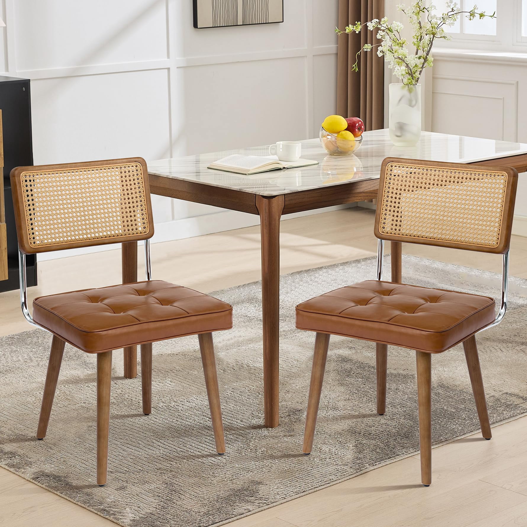 COZONY 6 PCS Modern Upholstered Dining Chairs Set , with Natural Rattan Back, Soft Padded Seat, Sturdy Wood Legs for Dining Room,Brown