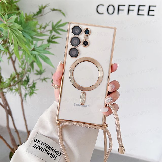 Adjustable Straps With Phone Case For Magsafe For Samsung S23 S22 Ultra S21 FE Soft Rope Lanyard Magnetic Plating Cases Neckband Gold For Samsung S23