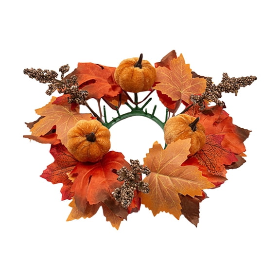 Fall Candle Rings Wreaths 2.95 Inch Center, Artificial Pumpkin Maple Leaf Candle Rings for Pillars Candles, Halloween Thanksgiving Harvest Festival Home Farmhouse Tabletop Decor(Yellow,11x11")