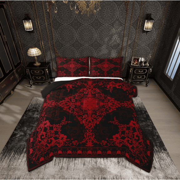Manfei Gothic Floral Bedding Comforter Set,Retro Flower Floral Twin Comforter Sets,Red Black Bedding Set For Kids,Breathable Home Decor Reversible,2 Pieces