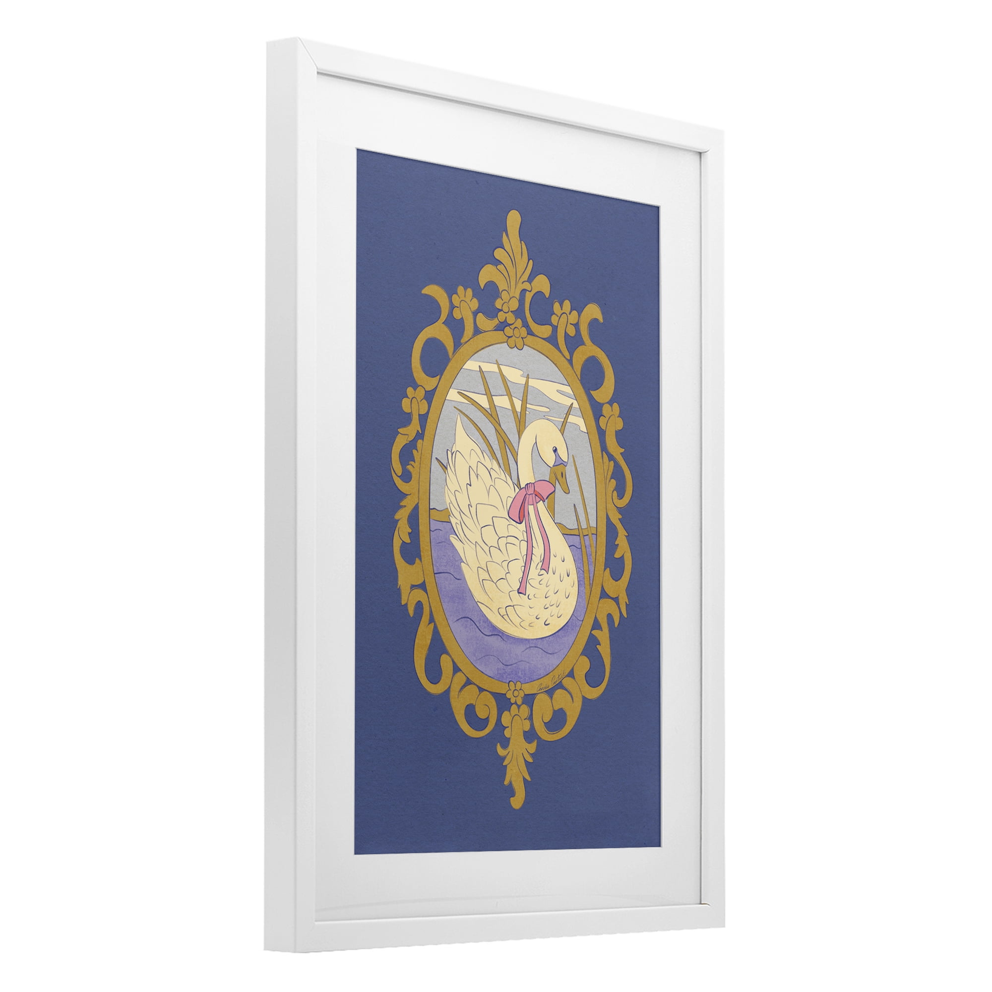Stupell Industries Swan and Ornate Pattern White Framed Print Under Glass, design by Carrie Cantwell