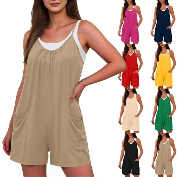 Jumpsuits for Women Casual Summer Rompers Sleeveless Loose Spaghetti Strap Shorts Overalls Jumpers with Pockets Khaki L