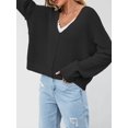 thumbnail image 5 of Women Casual V Neck Solid Color Long Sleeve Off Shoulder Loose Crop Pullover Sweater Tops, 5 of 8