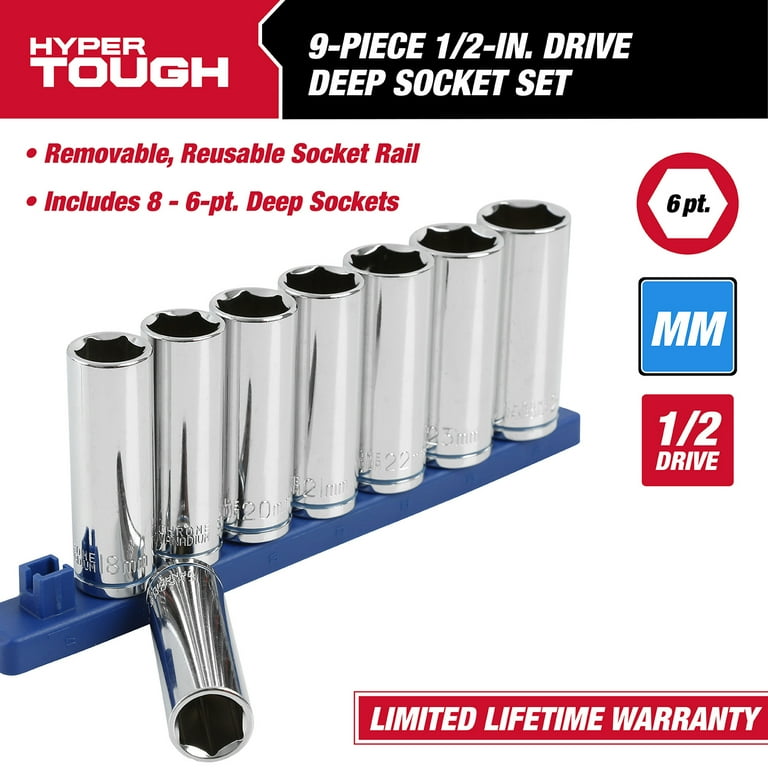 Hyper Tough 9-Piece 1/2 Inch Drive Deep Metric Socket Set