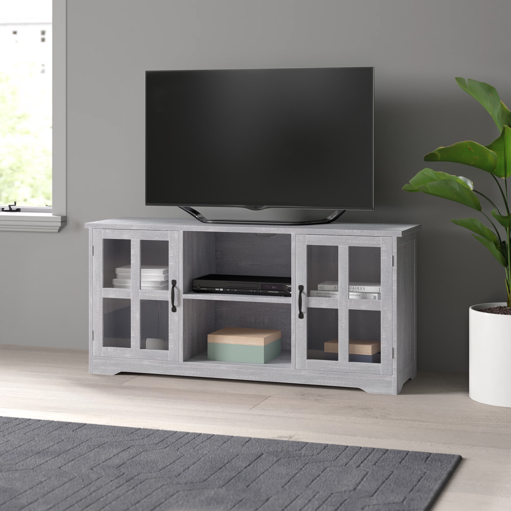 BELLEZE Cori 52 Inch TV Stand Wood And Glass Console For TVs Up To 60