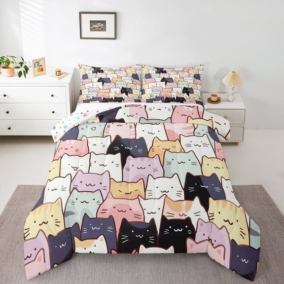 Manfei Pet Animal Kitten Bedding Comforter Set,Colorful Cartoon Cat Twin Comforter Sets,Pink White Black Bedding Set For Boys Girls,Lightweight Room Decor Reversible,2-Piece